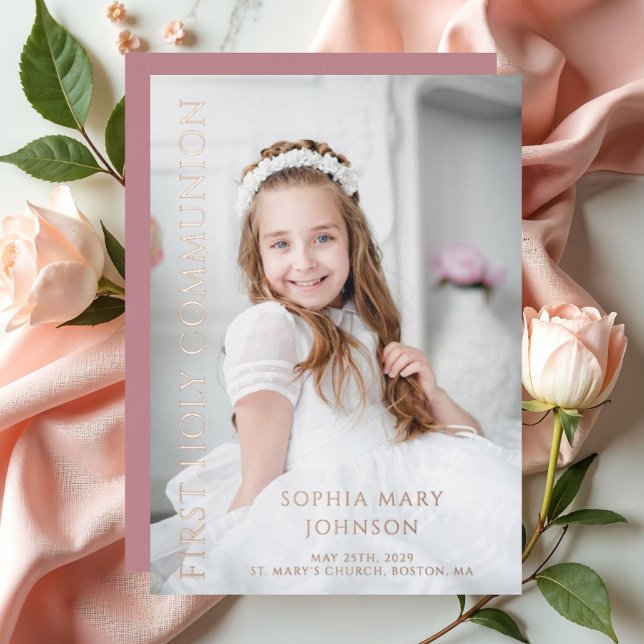 Photo Pink Girl First Holy Communion Rose Gold  (Photo Pink Girl First Holy Communion Rose Gold Foil Invitation)