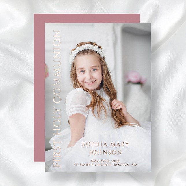Photo Pink Girl First Holy Communion Rose Gold  (Pink Girl First Holy Communion Photo Rose Gold Foil Invitation)
