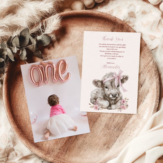 Photo Pink Girl Floral Highland Cow 1st Birthday Thank You Card (Creator Uploaded)