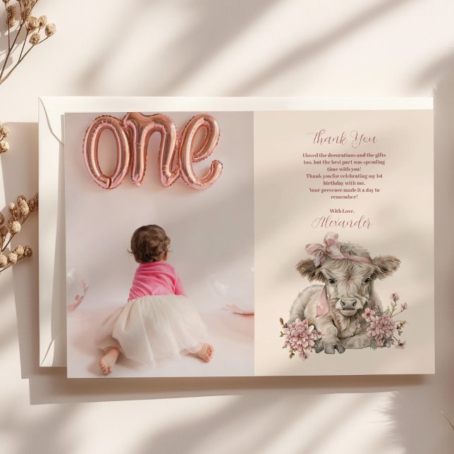 Photo Pink Girl Floral Highland Cow 1st Birthday Thank You Card (Creator Uploaded)