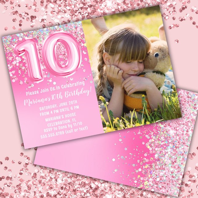 Photo Pink Glitter 10th Birthday Invitation (Creator Uploaded)