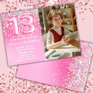 Photo Pink Glitter 13th Birthday Invitation