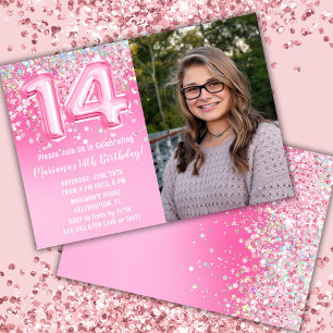 Photo Pink Glitter 14th Birthday Invitation