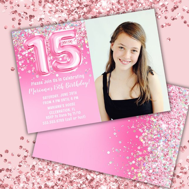 Photo Pink Glitter 15th Birthday Invitation (Creator Uploaded)