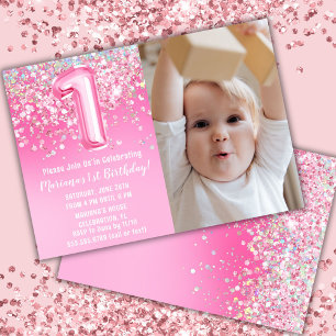 Photo Pink Glitter 1st Birthday Invitation