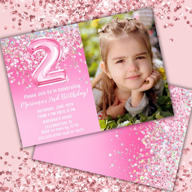 Photo Pink Glitter 2nd Birthday Invitation (Creator Uploaded)