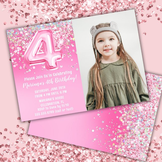 Photo Pink Glitter 4th Birthday Invitation (Creator Uploaded)