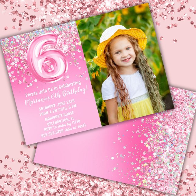 Photo Pink Glitter 6th Birthday Invitation (Creator Uploaded)