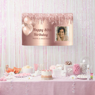 Photo Pink Gold 80th Birthday Personalised glitter Banner