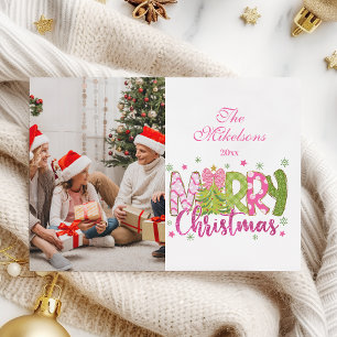 Photo Pink Green Bow Tree Merry Christmas Holiday Card