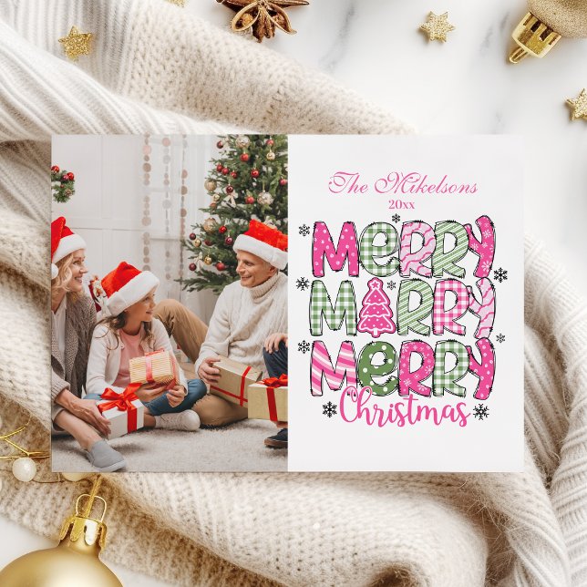 Photo Pink Green Merry Christmas Holiday Card (Creator Uploaded)