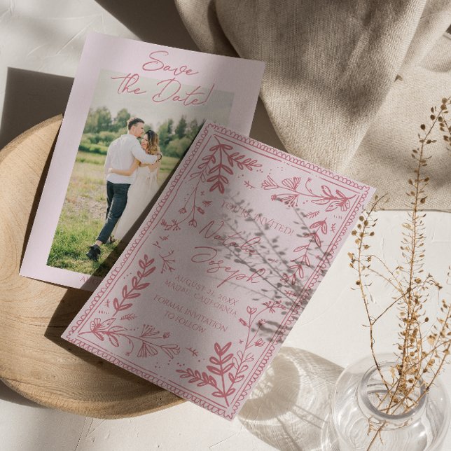 Photo Pink Hand Drawn Floral Garden Save The Date (Creator Uploaded)