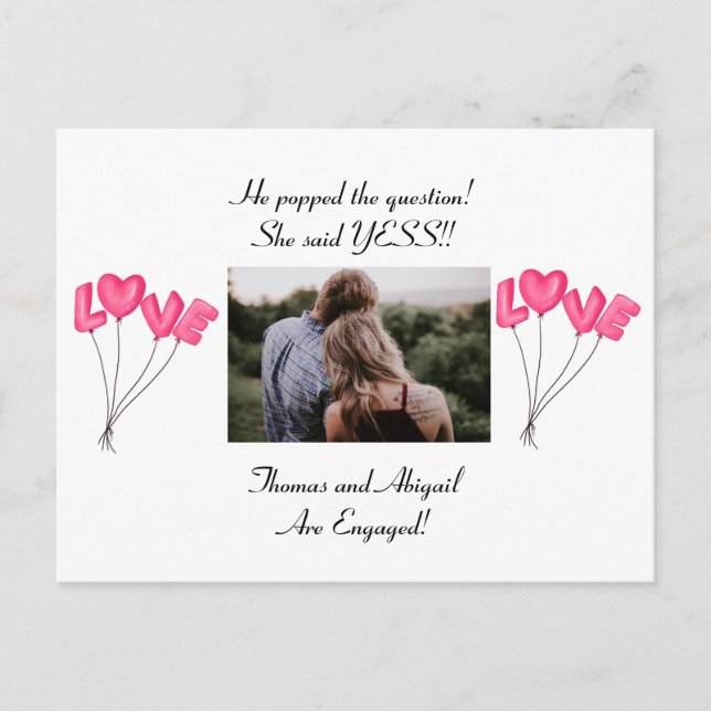 Photo Pink Heart Balloons Engagement Announcement Postcard (Front)