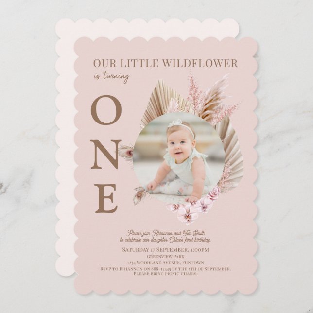 Photo Pink Little Wildflower 1st Birthday Invitation (Front/Back)