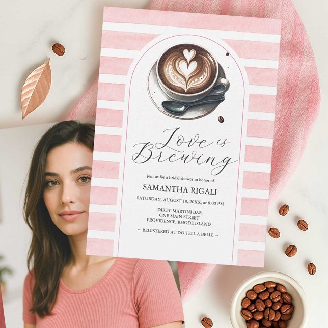 Photo Pink Love Is Brewing Bridal Shower Invitation (Photo bridal shower invitation from the Pink Love Is Brewing collection featuring coffee themed)