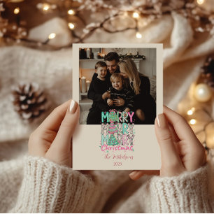 Photo Pink Merry Merry Christmas Tree Holiday Card
