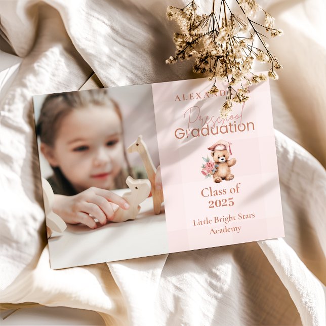 Photo Pink Preschool Teddy Bear Graduation Announcement (Creator Uploaded)
