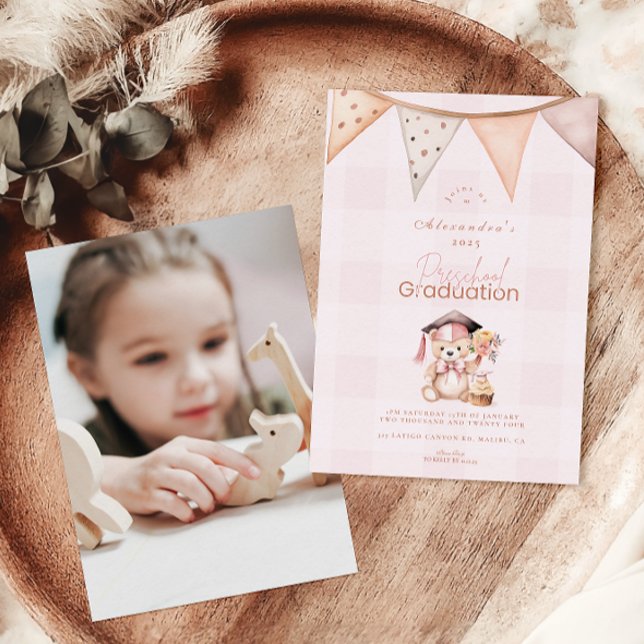 Photo Pink Preschool Teddy Bear Graduation Invitation (Creator Uploaded)