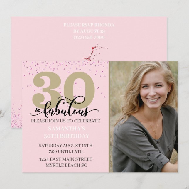 Photo Pink Purple 30 and Fabulous Birthday Party  Invitation (Front/Back)