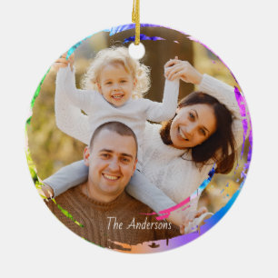 Photo Pink Purple Modern Bats Moon Happy Halloween Ceramic Ornament