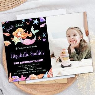 Photo Pink Purple Under the sea Mermaid Birthday Invitation