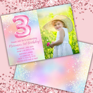 Photo Pink Rainbow 3rd Birthday Invitation