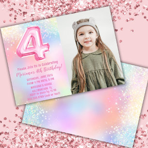 Photo Pink Rainbow 4th Birthday Invitation