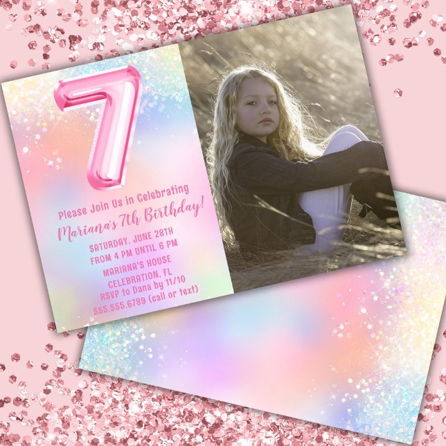 Photo Pink Rainbow 7th Birthday Invitation (Creator Uploaded)