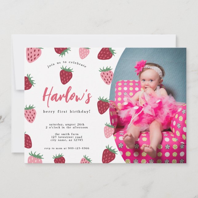 Photo Pink & Red Strawberry Berry first Birthday  Invitation (Front)