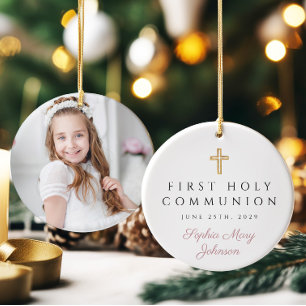 Photo Pink Religious Cross Girl First Communion Ceramic Ornament