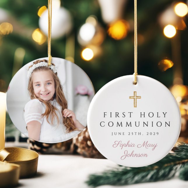 Photo Pink Religious Cross Girl First Communion Ceramic Ornament (Photo Pink Religious Cross Girl First Communion Ceramic Ornament)