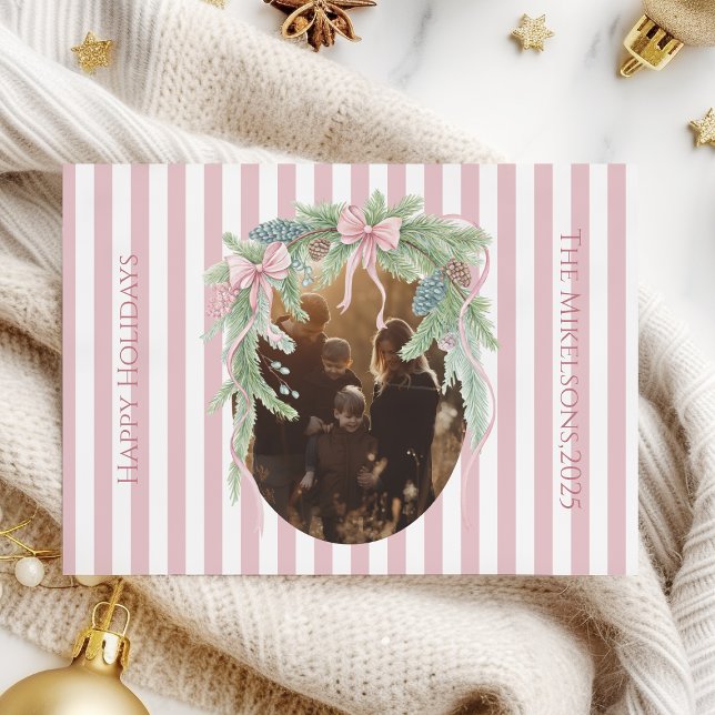 Photo Pink Ribbon Pine Family Christmas Holiday Card (Creator Uploaded)