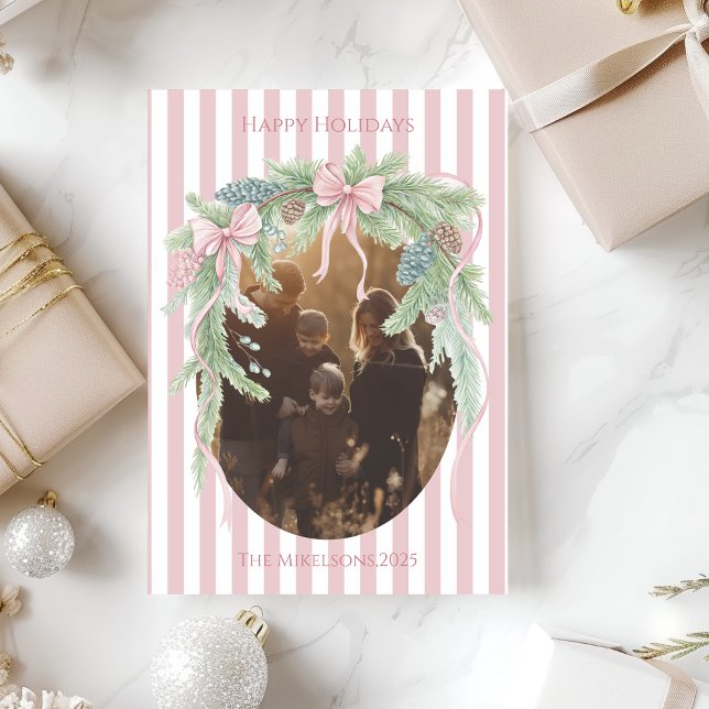 Photo Pink Ribbon Pine Family Christmas Holiday Card (Creator Uploaded)