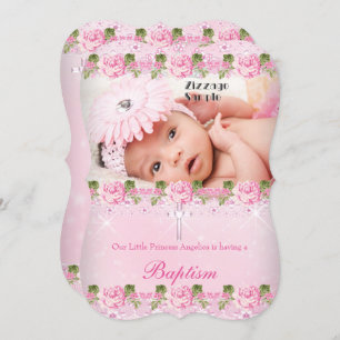 Photo Pink Rose Floral Baptism Baby Girl Invitation