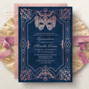 Photo Pink Rose Gold Masquerade Quinceanera Invitation