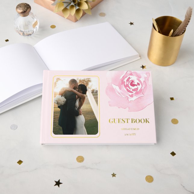 Photo Pink Rose Romantic Wedding Guest Book (Front Open)