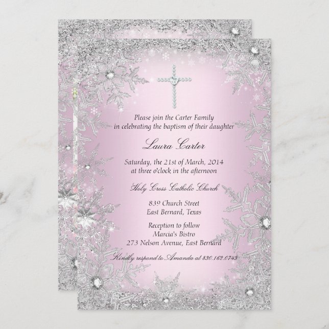 Photo Pink Silver Snowflake Baptism/Christening Invitation (Front/Back)