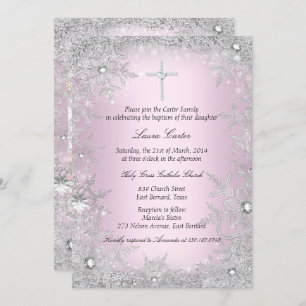 Photo Pink Silver Snowflake Baptism/Christening Invitation