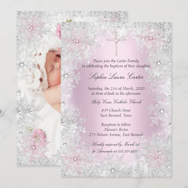 Photo Pink Silver Snowflakes Girl Baptism Cross Invitation (Front/Back)