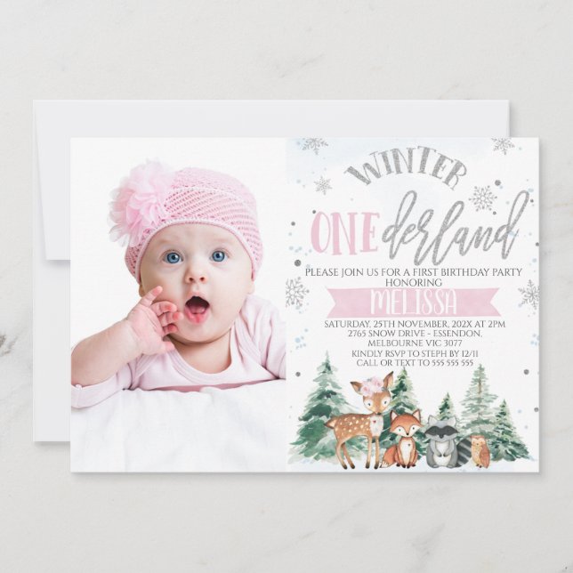 Photo Pink Silver Woodland Onederland 1st Birthday Invitation (Front)