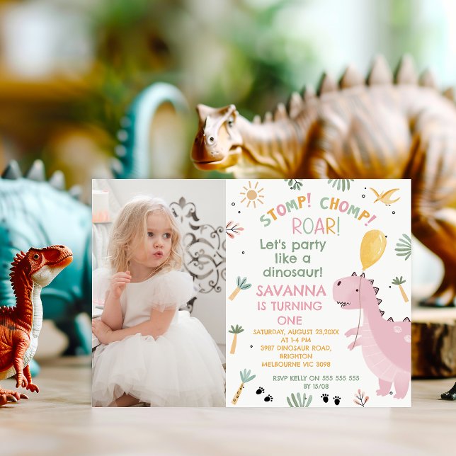 Photo Pink Stomp Chomp Roar Dinosaur 1st Birthday  Invitation (Girls Stomp, Chomp, Roar Dinosaur Birthday Invitation, Party Like A Dinosaur Birthday Invitation )