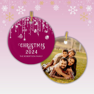 Photo Pink String Lights Christmas Party Ceramic Ornament