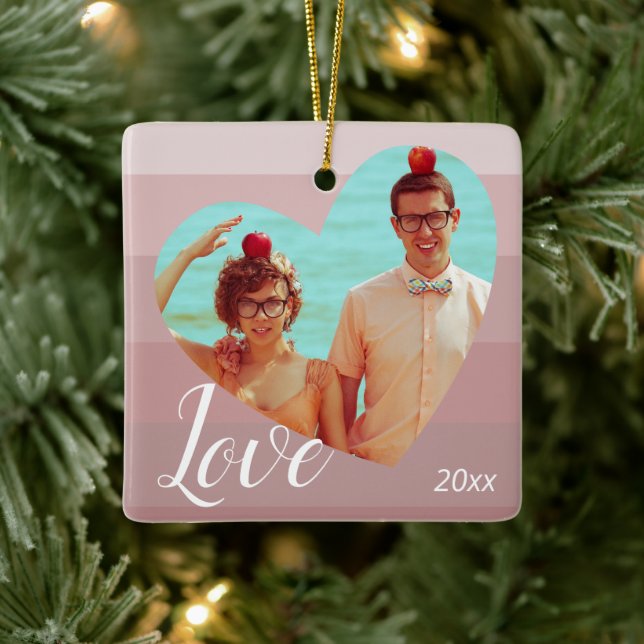 Photo Pink Stripe Heart Valentine’s Day Ceramic Ornament (Tree)