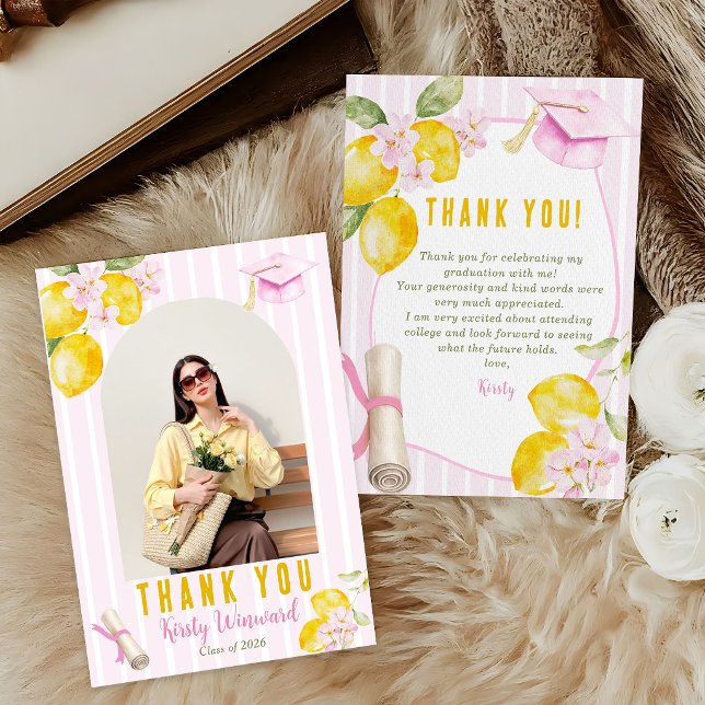 Photo Pink Stripes Lemons and Flowers Graduation Thank You Card (Creator Uploaded)