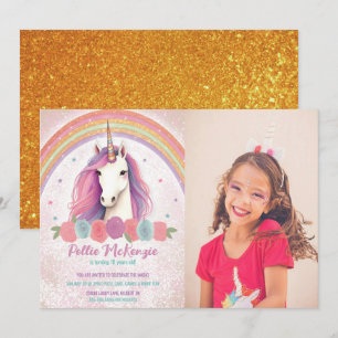 Photo Pink Unicorn, Roses, Rainbow Birthday Party Invitation