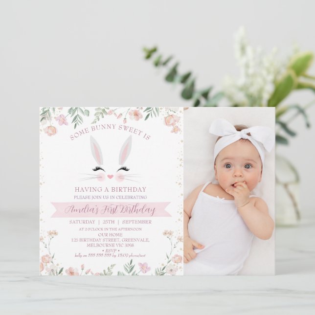 Photo Pink Wildflowers Some Bunny 1st Birthday Invitation (Standing Front)