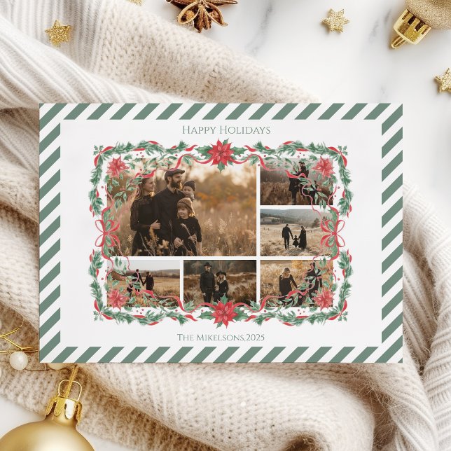 Photo Poinsettia Botanical Stripe Christmas Holiday Card (Creator Uploaded)