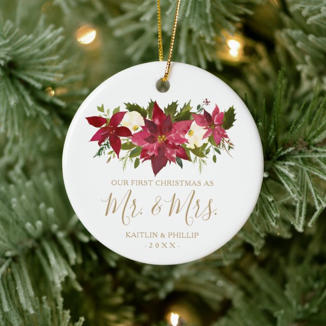 Photo Poinsettia Elegant Newlywed First Christmas Ceramic Ornament (Tree)