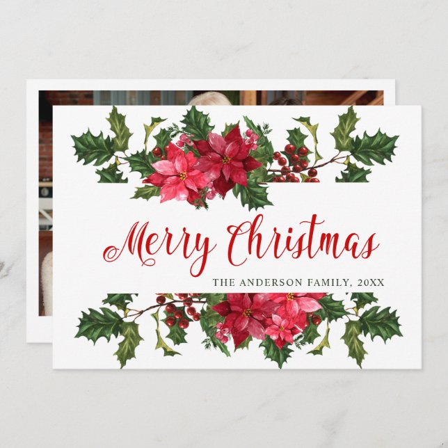 PHOTO Poinsettia Mistletoe Christmas Greeting Holiday Card (Front/Back)