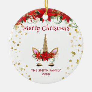 Photo Poinsettia Unicorn with Red Christmas Ceramic Ornament